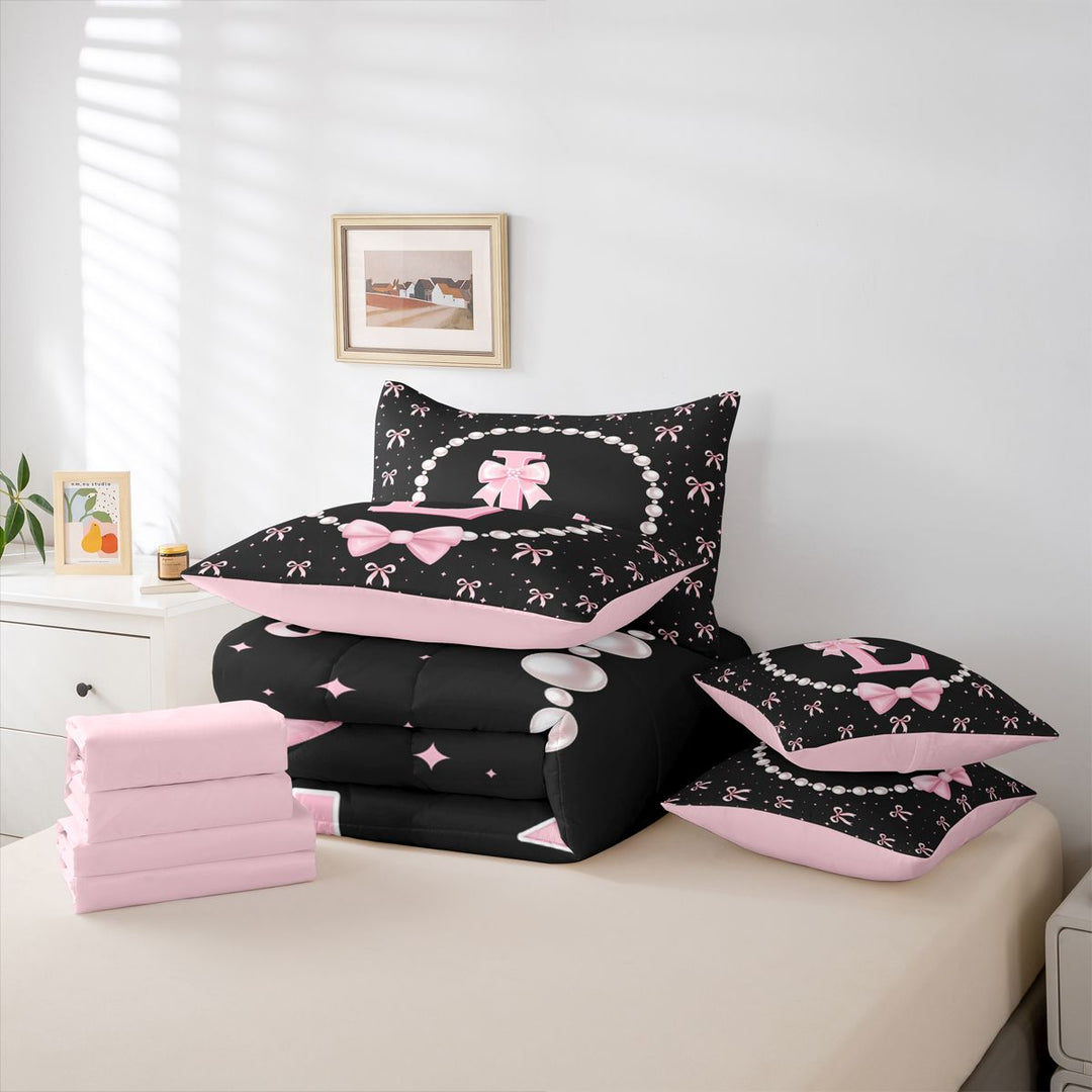 meiyoeat Kawaii Bowknot 7 Pieces Full Size Bedding Sets For Girls,Modern Personalized Initial L Full Size Bed in a Bag For Kids,Pink Reversible