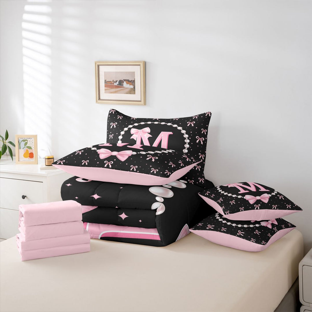 meiyoeat Lovely Bow Tie 7 Pieces Full Size Bedding Sets For Bow Girls,Pink Initial Letter M Full Size Bed in a Bag For Kids,Pink Reversible