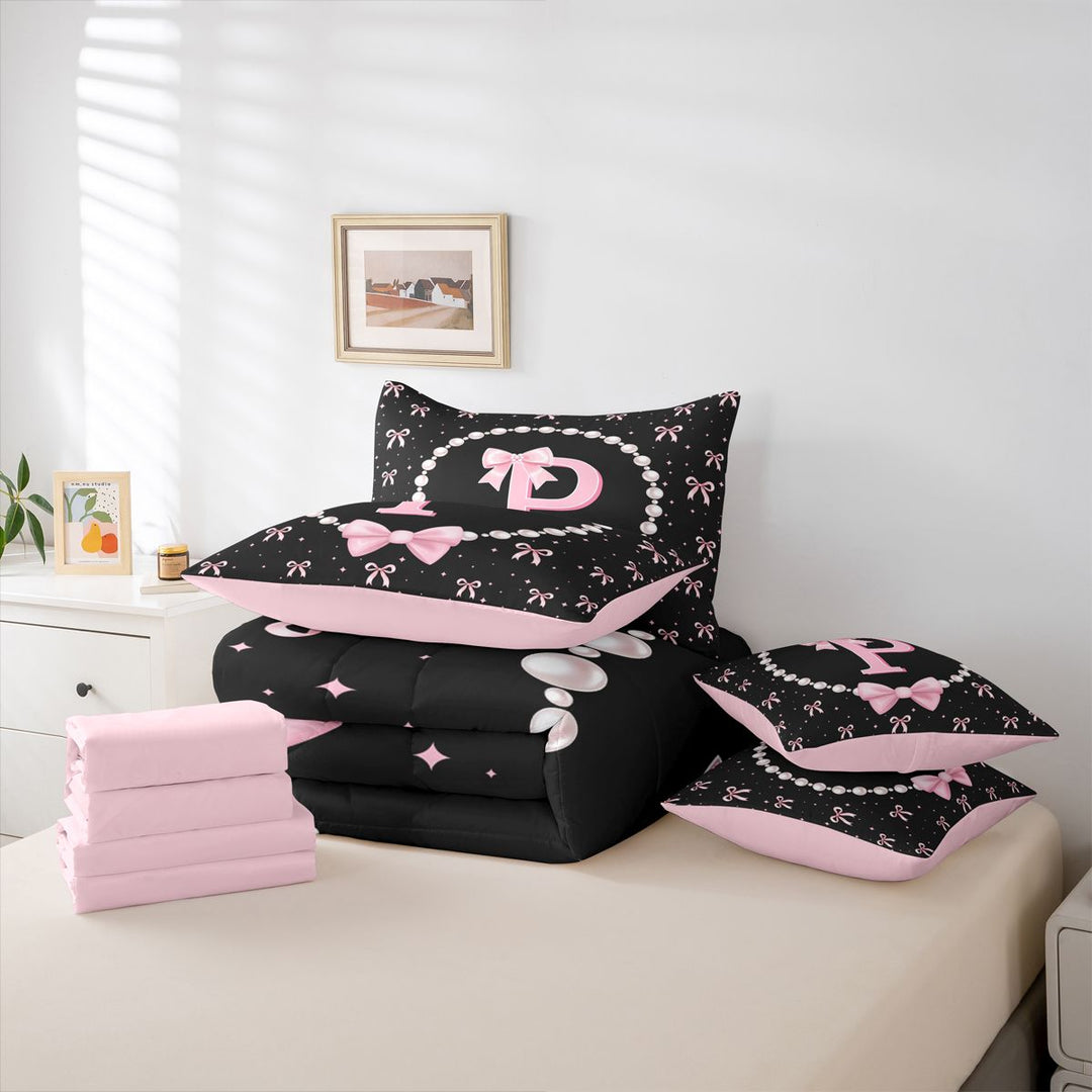 meiyoeat Pink Ribbon Bowknot 7 Pieces Full Size Bedding Sets For Girls,Lovely Bowtie Alphabet Print P Full Size Bed in a Bag For Kids,Pink Reversible