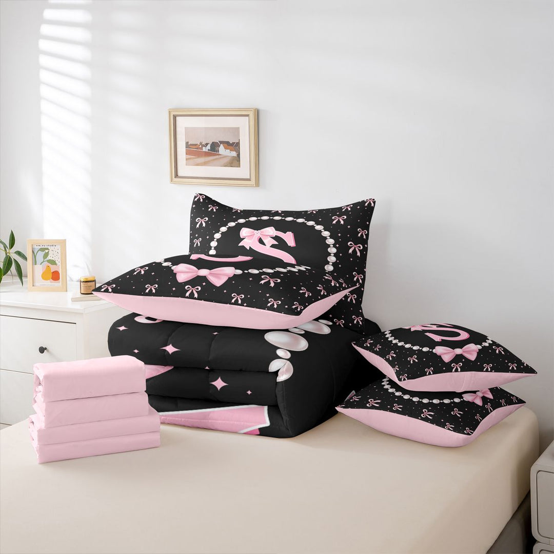 meiyoeat Pink Coquette Bowtie 7 Pieces Full Size Bedding Sets For Girls,Kids Personalized Letter S Print Full Size Bed in a Bag,Pink Reversible