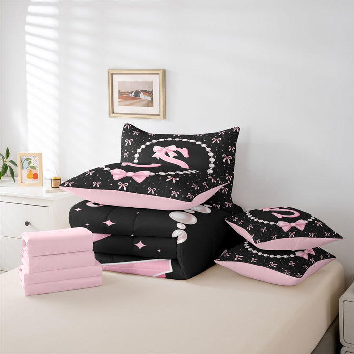 meiyoeat Pink Coquette Bowtie 7 Pieces Full Size Bedding Sets For Girls,Kids Personalized Letter S Print Full Size Bed in a Bag,Pink Reversible