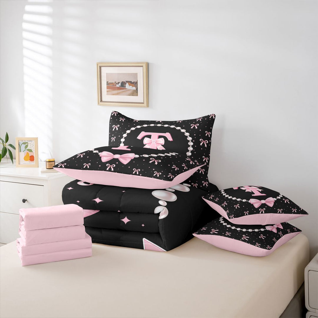 meiyoeat Ribbon Bow Letter Print 7 Pieces Full Size Bedding Sets For Girls,Pink Bowtie Monogram T Full Size Bed in a Bag For Kids,Pink Reversible