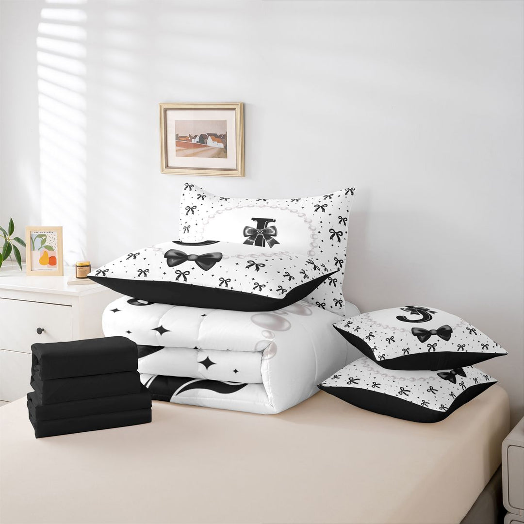 meiyoeat Lovely Bow Tie 7 Pieces Full Size Bedding Sets For Bow Girls,Black Initial Letter J Full Size Bed in a Bag For Kids,Black Reversible