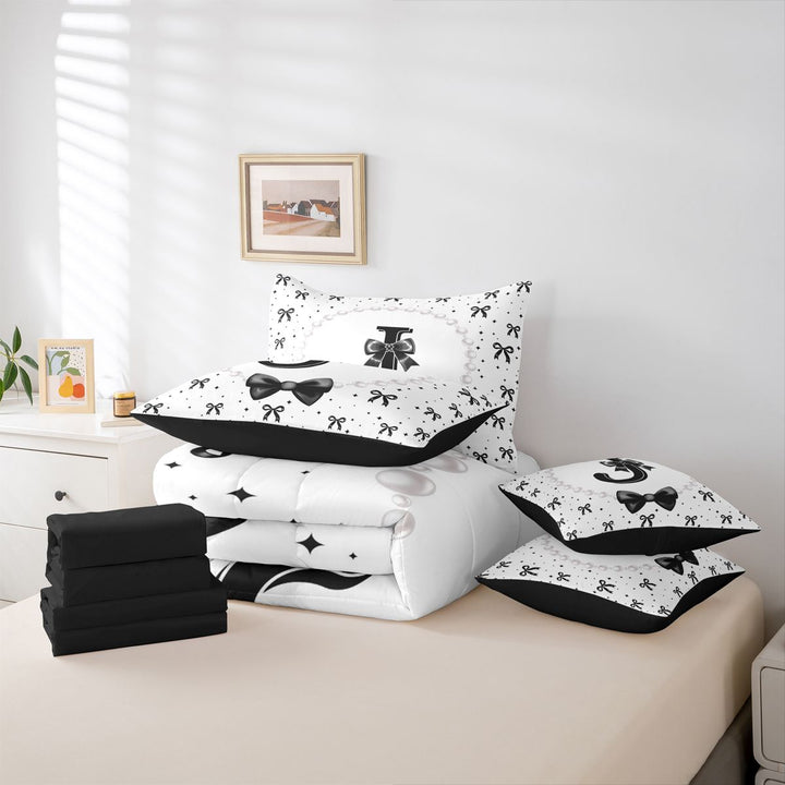 meiyoeat Lovely Bow Tie 7 Pieces Full Size Bedding Sets For Bow Girls,Black Initial Letter J Full Size Bed in a Bag For Kids,Black Reversible
