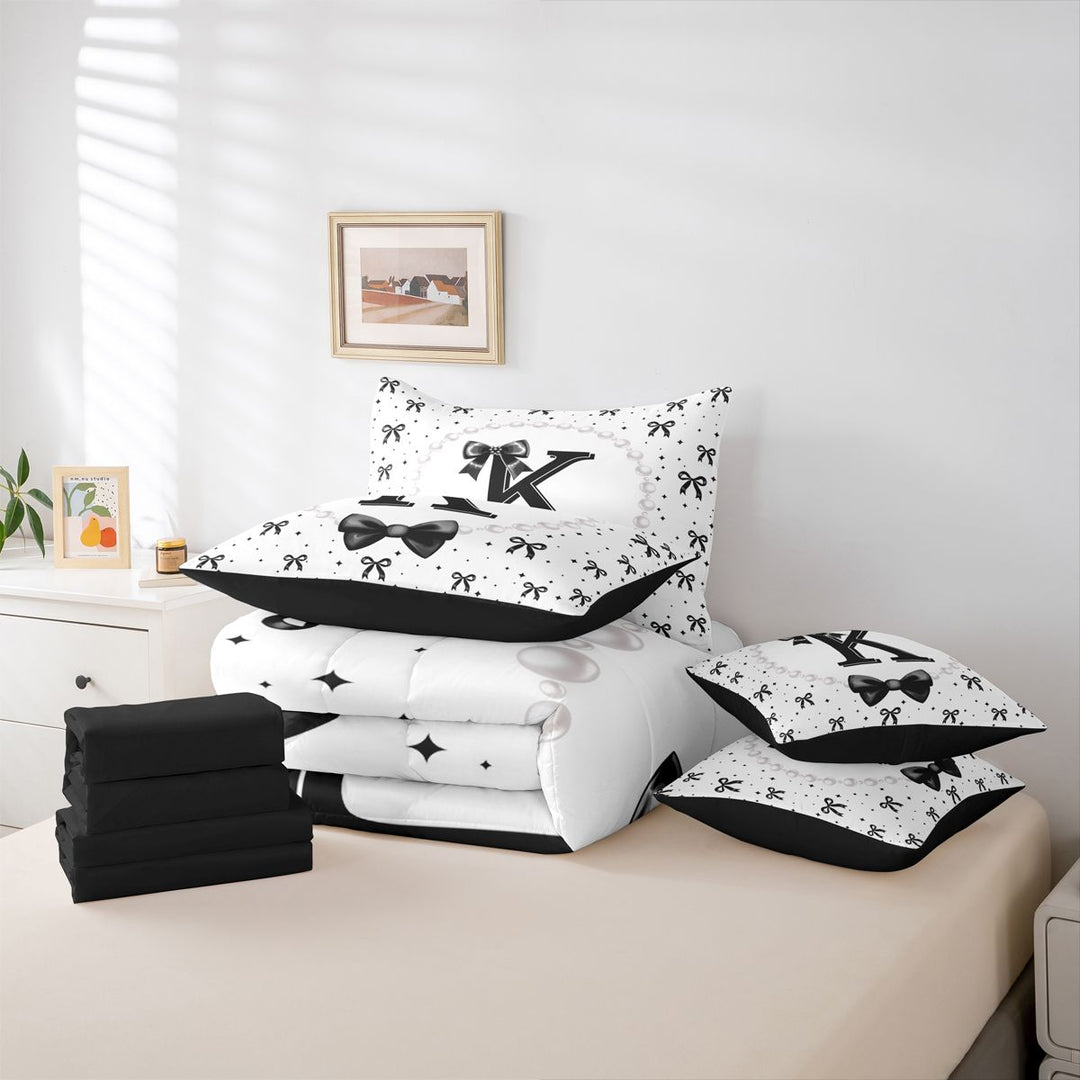meiyoeat Black Ribbon Bowknot 7 Pieces Full Size Bedding Sets For Girls,Lovely Bowtie Alphabet Print K Full Size Bed in a Bag For Kids,Black Reversible