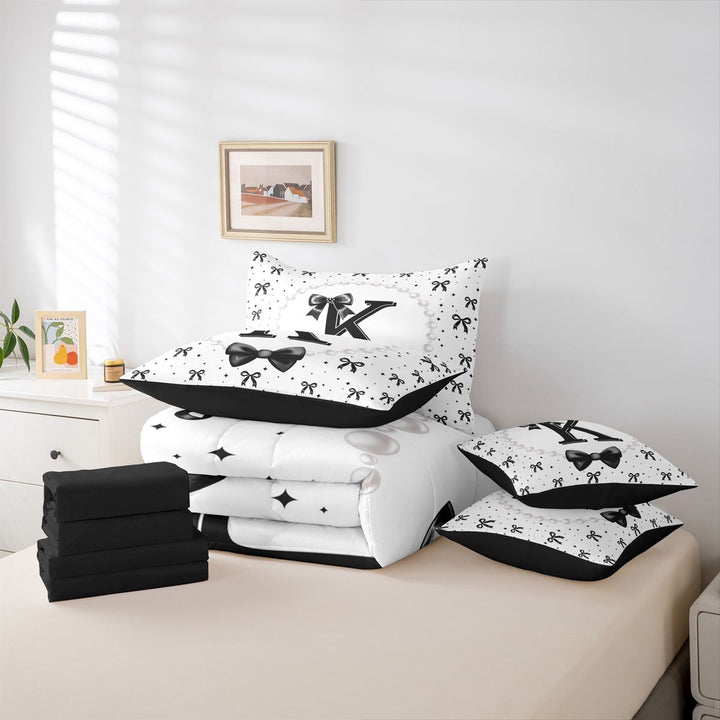 meiyoeat Black Ribbon Bowknot 7 Pieces Full Size Bedding Sets For Girls,Lovely Bowtie Alphabet Print K Full Size Bed in a Bag For Kids,Black Reversible