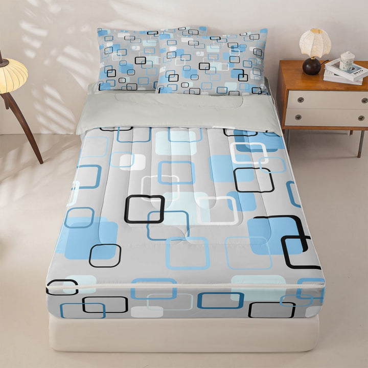 meiyoeat Abstract Geometric Plaid Zipper Full Size Comforter Sets with Fitted Sheet and 2 Pillowcases For Kids,Modern 3D Grid Print Zipper Bedding Set For Adults,Light Gray Reversible,4-Piece