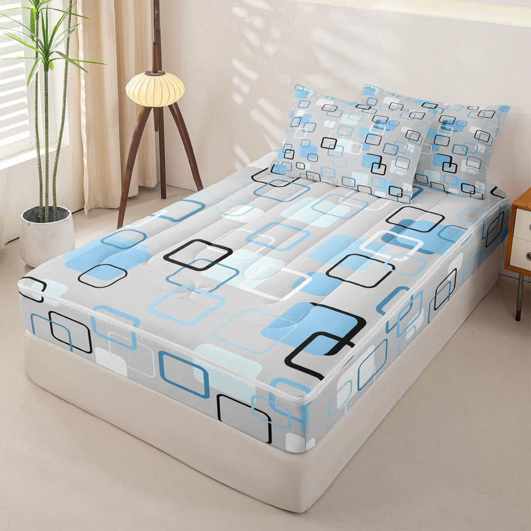 meiyoeat Abstract Geometric Plaid Zipper Full Size Comforter Sets with Fitted Sheet and 2 Pillowcases For Kids,Modern 3D Grid Print Zipper Bedding Set For Adults,Light Gray Reversible,4-Piece