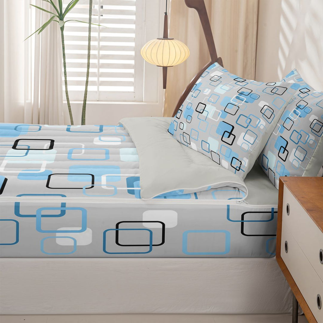 meiyoeat Abstract Geometric Plaid Zipper Full Size Comforter Sets with Fitted Sheet and 2 Pillowcases For Kids,Modern 3D Grid Print Zipper Bedding Set For Adults,Light Gray Reversible,4-Piece