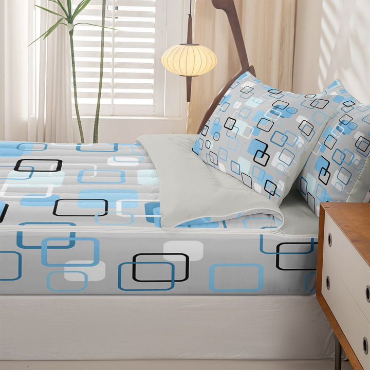meiyoeat Abstract Geometric Plaid Zipper Full Size Comforter Sets with Fitted Sheet and 2 Pillowcases For Kids,Modern 3D Grid Print Zipper Bedding Set For Adults,Light Gray Reversible,4-Piece