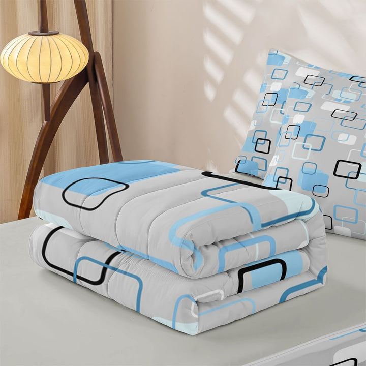 meiyoeat Abstract Geometric Plaid Zipper Full Size Comforter Sets with Fitted Sheet and 2 Pillowcases For Kids,Modern 3D Grid Print Zipper Bedding Set For Adults,Light Gray Reversible,4-Piece