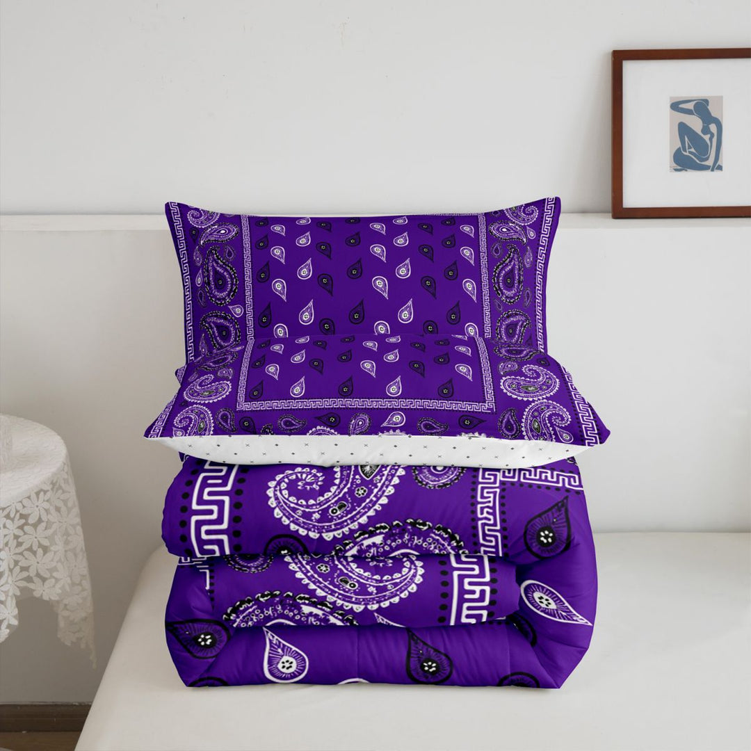 meiyoeat Purple Paisley Flowers King Size Comforter Sets For Kids,Vintage Boho Theme Comforters King Size For Men Women,Reversible,3pcs