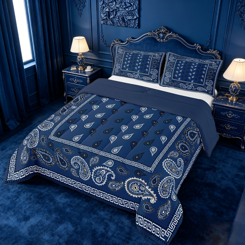 meiyoeat Navy Blue Paisley King Size Comforter Sets For Kids,Bohemian Exotic Style Comforters King Size For Adult,Navy Blue Reversible,3-Piece
