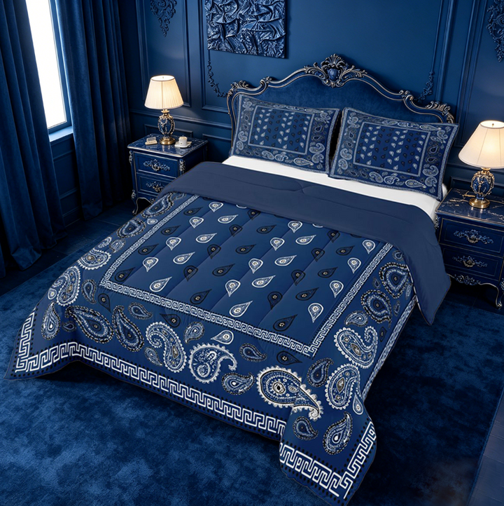 meiyoeat Navy Blue Paisley King Size Comforter Sets For Kids,Bohemian Exotic Style Comforters King Size For Adult,Navy Blue Reversible,3-Piece