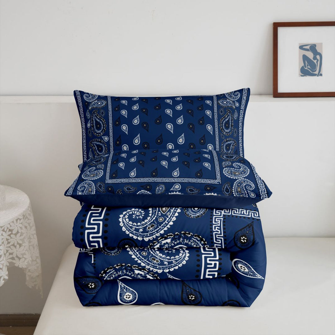 meiyoeat Navy Blue Paisley King Size Comforter Sets For Kids,Bohemian Exotic Style Comforters King Size For Adult,Navy Blue Reversible,3-Piece