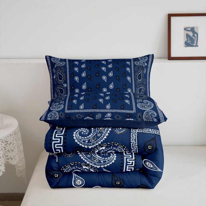 meiyoeat Navy Blue Paisley King Size Comforter Sets For Kids,Bohemian Exotic Style Comforters King Size For Adult,Navy Blue Reversible,3-Piece