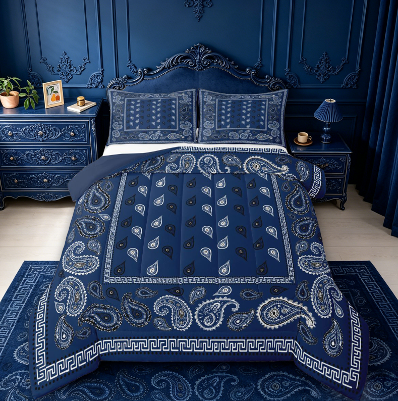 meiyoeat Navy Blue Paisley King Size Comforter Sets For Kids,Bohemian Exotic Style Comforters King Size For Adult,Navy Blue Reversible,3-Piece