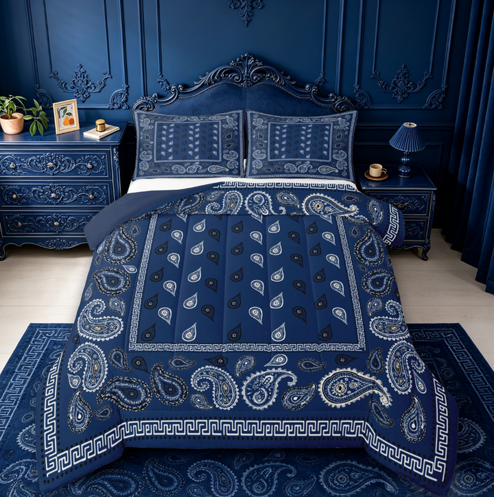 meiyoeat Navy Blue Paisley King Size Comforter Sets For Kids,Bohemian Exotic Style Comforters King Size For Adult,Navy Blue Reversible,3-Piece