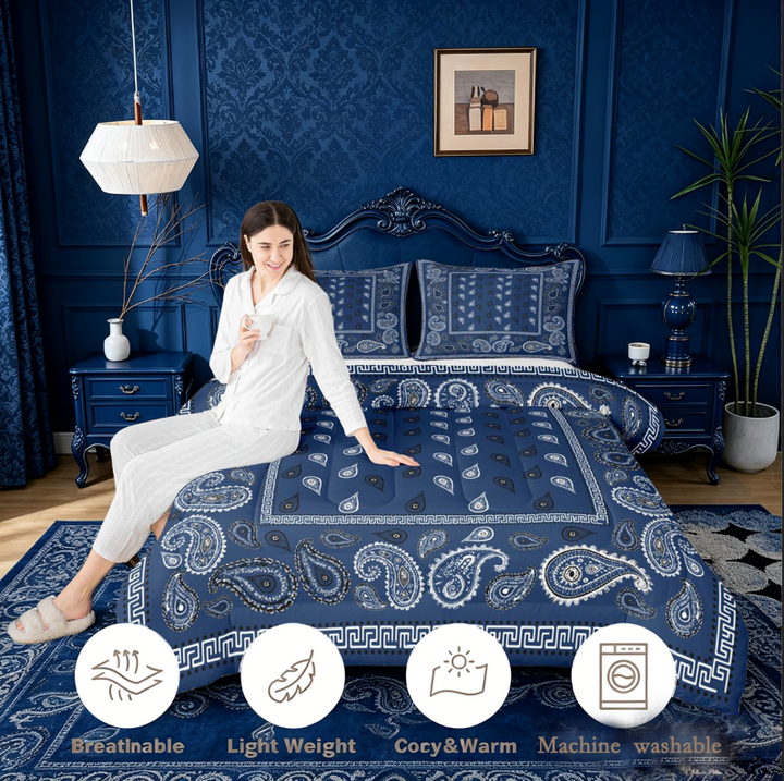 meiyoeat Navy Blue Paisley King Size Comforter Sets For Kids,Bohemian Exotic Style Comforters King Size For Adult,Navy Blue Reversible,3-Piece