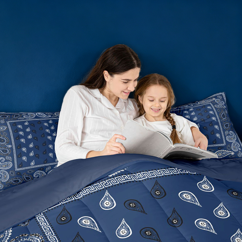 meiyoeat Navy Blue Paisley King Size Comforter Sets For Kids,Bohemian Exotic Style Comforters King Size For Adult,Navy Blue Reversible,3-Piece