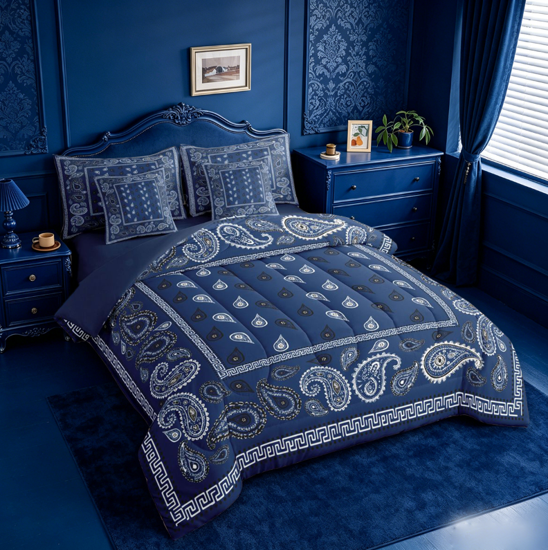 meiyoeat Navy Blue Paisley 7-Piece King Bedding For Kids,Bohemian Exotic Style King Bed in a Bag For Adult,Navy Blue Reversible
