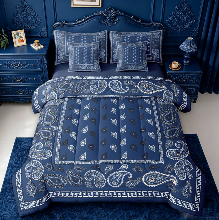 meiyoeat Navy Blue Paisley 7-Piece King Bedding For Kids,Bohemian Exotic Style King Bed in a Bag For Adult,Navy Blue Reversible