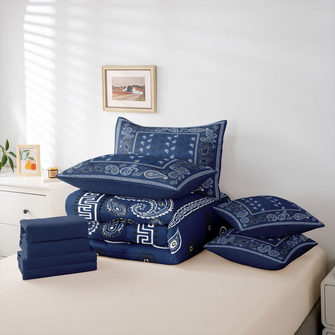 meiyoeat Navy Blue Paisley 7-Piece King Bedding For Kids,Bohemian Exotic Style King Bed in a Bag For Adult,Navy Blue Reversible