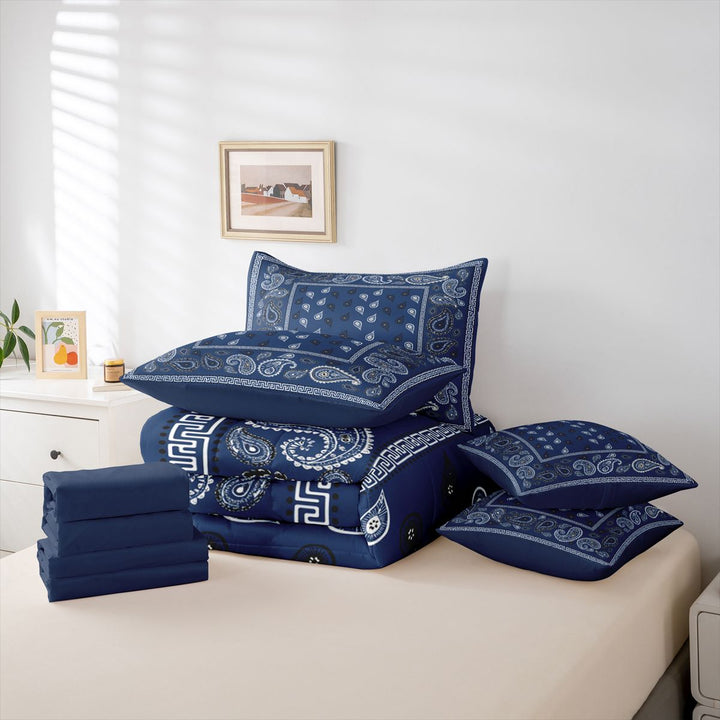 meiyoeat Navy Blue Paisley 7-Piece King Bedding For Kids,Bohemian Exotic Style King Bed in a Bag For Adult,Navy Blue Reversible