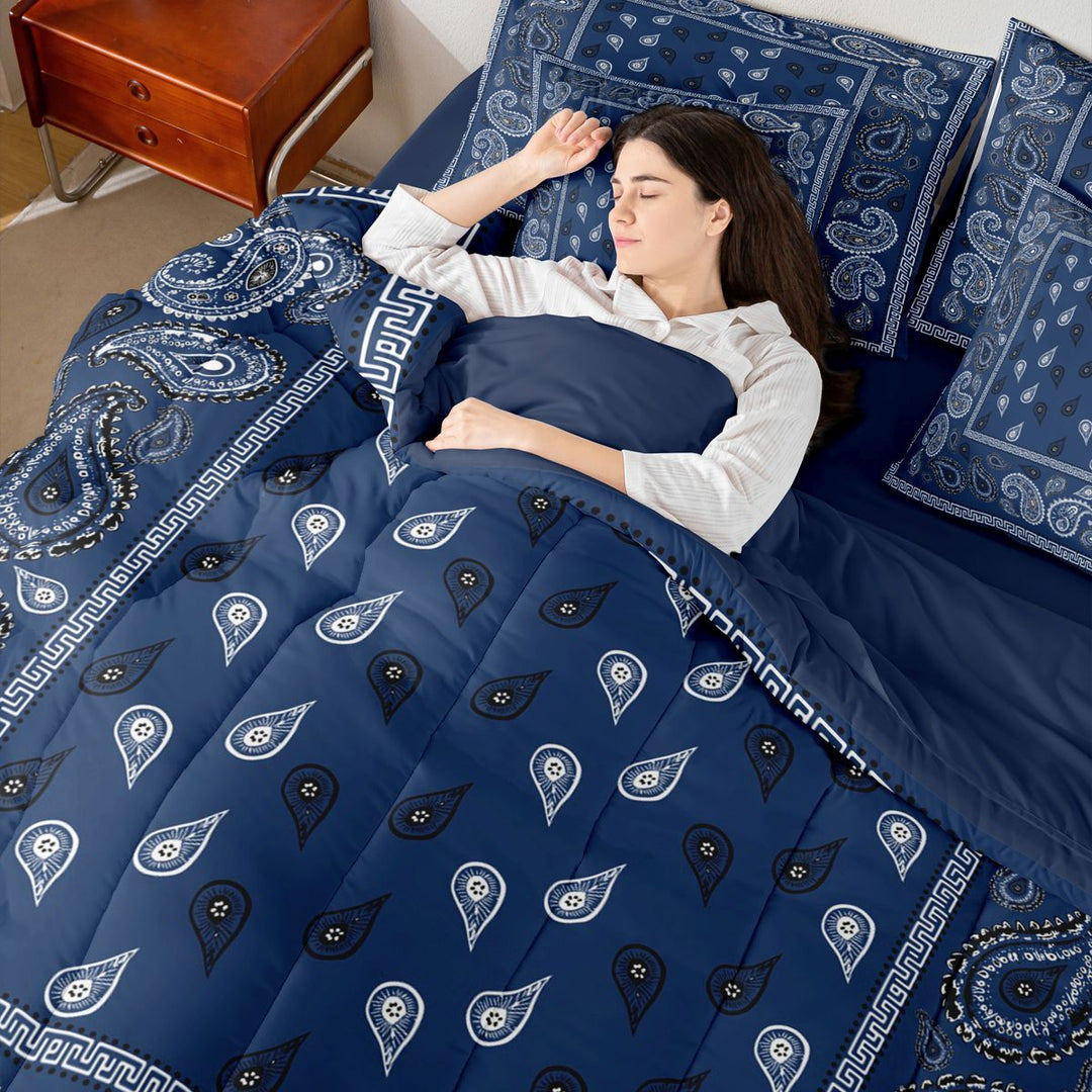 meiyoeat Navy Blue Paisley 7-Piece King Bedding For Kids,Bohemian Exotic Style King Bed in a Bag For Adult,Navy Blue Reversible