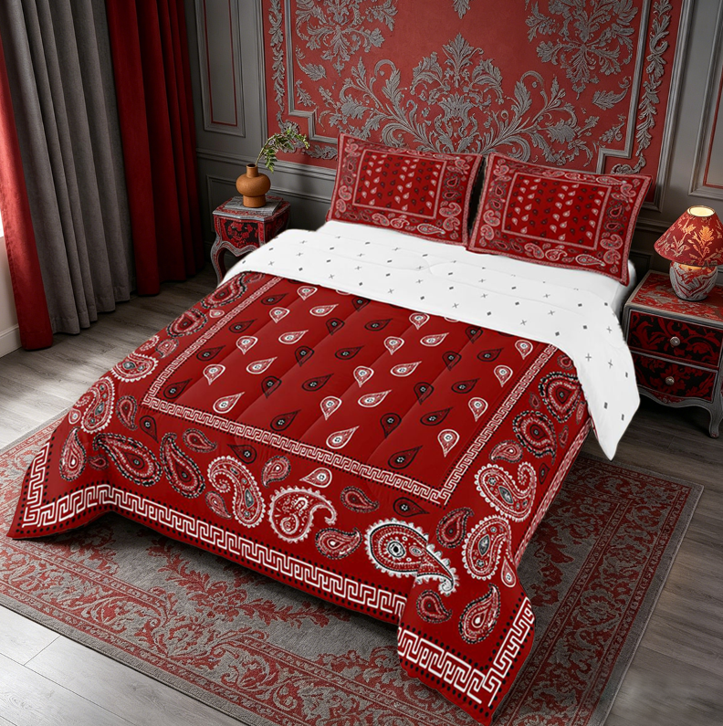 meiyoeat Red Paisley Print King Size Comforter Sets For Girls,Classic Boho Floral Comforters King Size For Adults,Reversible,3 Pieces