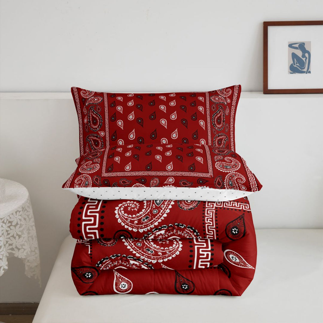 meiyoeat Red Paisley Print King Size Comforter Sets For Girls,Classic Boho Floral Comforters King Size For Adults,Reversible,3 Pieces