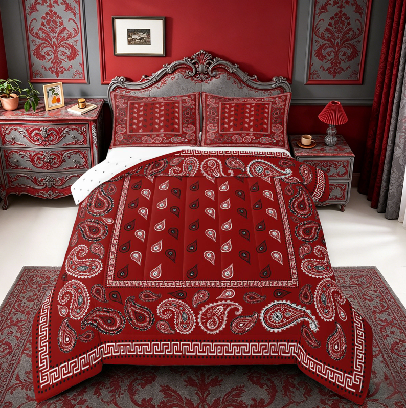 meiyoeat Red Paisley Print King Size Comforter Sets For Girls,Classic Boho Floral Comforters King Size For Adults,Reversible,3 Pieces