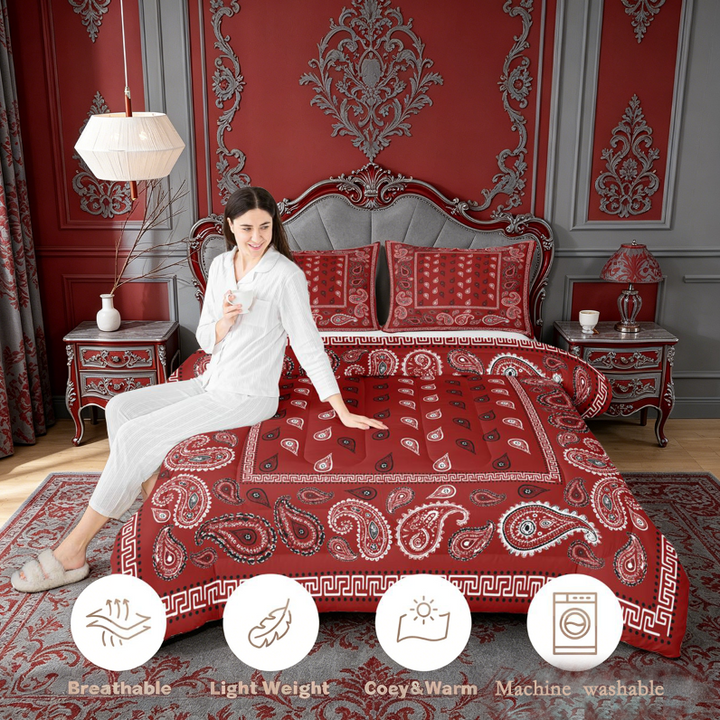 meiyoeat Red Paisley Print King Size Comforter Sets For Girls,Classic Boho Floral Comforters King Size For Adults,Reversible,3 Pieces