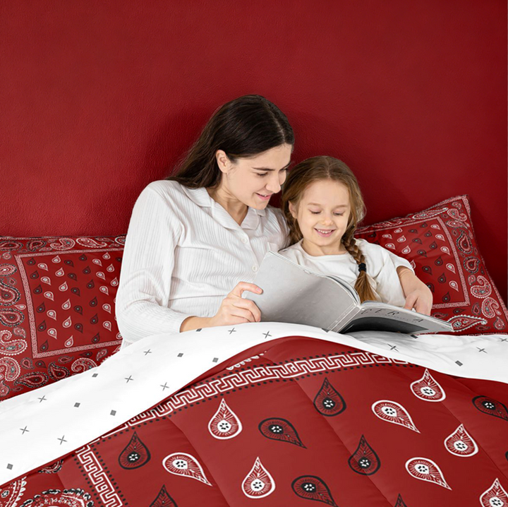 meiyoeat Red Paisley Print King Size Comforter Sets For Girls,Classic Boho Floral Comforters King Size For Adults,Reversible,3 Pieces
