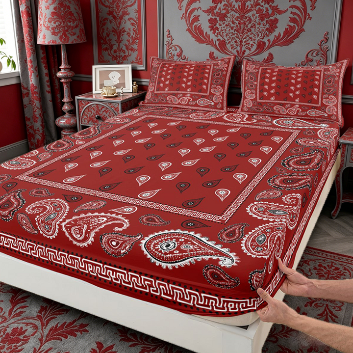 meiyoeat Red Paisley Print King Sheets For Girls,Classic Boho Floral Bedding For Adults,4 Pieces