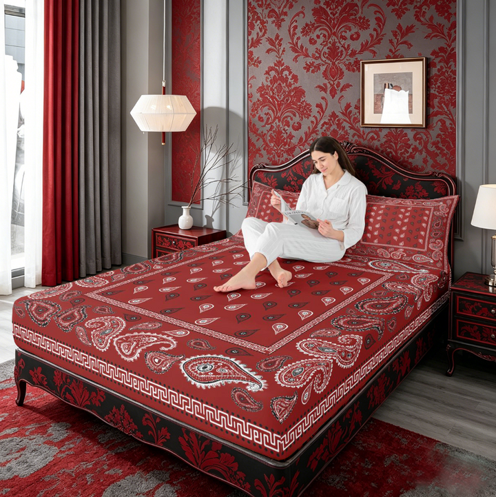 meiyoeat Red Paisley Print King Sheets For Girls,Classic Boho Floral Bedding For Adults,4 Pieces