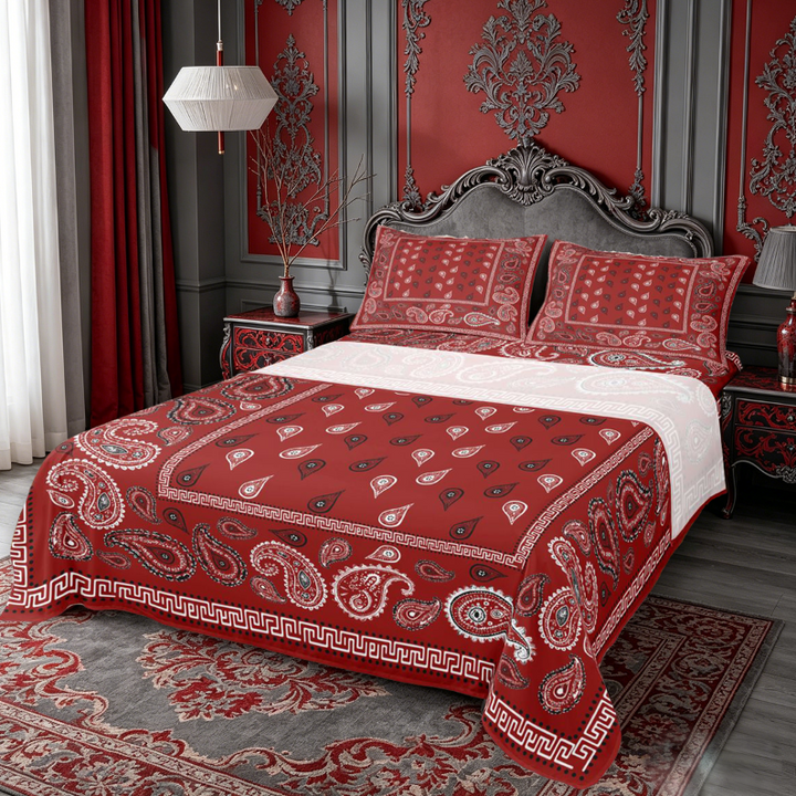 meiyoeat Red Paisley Print King Sheets For Girls,Classic Boho Floral Bedding For Adults,4 Pieces