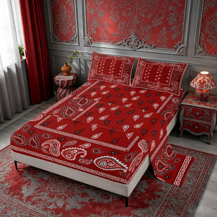 meiyoeat Red Paisley Print King Sheets For Girls,Classic Boho Floral Bedding For Adults,4 Pieces