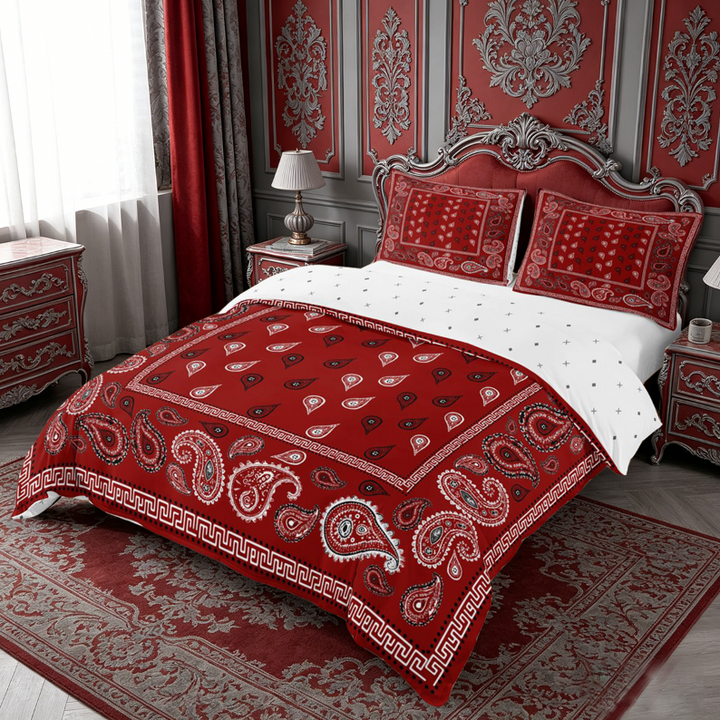 meiyoeat Red Paisley Print Duvet Cover King For Girls,Classic Boho Floral King Bedding For Adults,Reversible,3 Pieces(No Comforter)
