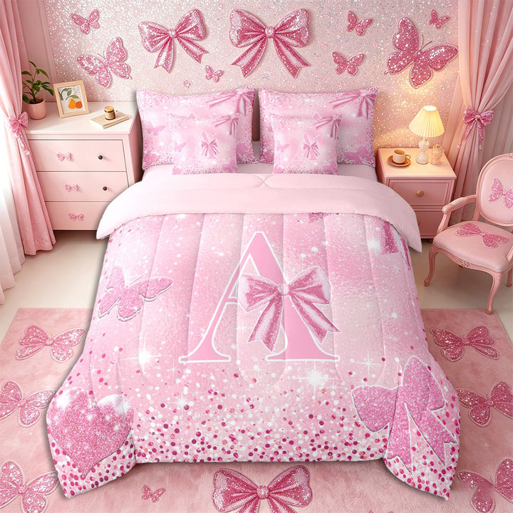 Meiyoeat Glitter Pink Letter A Full Size Bedding Sets 7 Pieces for Girls, Sparkle Bow Print Full Size Bed in a Bag for Bedroom,Pink Reversible