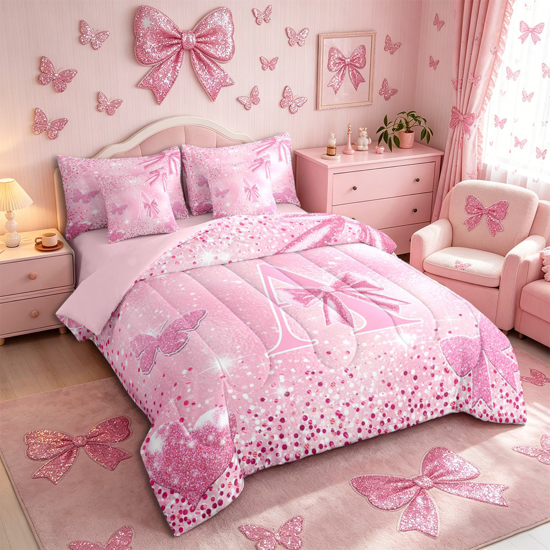 Meiyoeat Glitter Pink Letter A Full Size Bedding Sets 7 Pieces for Girls, Sparkle Bow Print Full Size Bed in a Bag for Bedroom,Pink Reversible