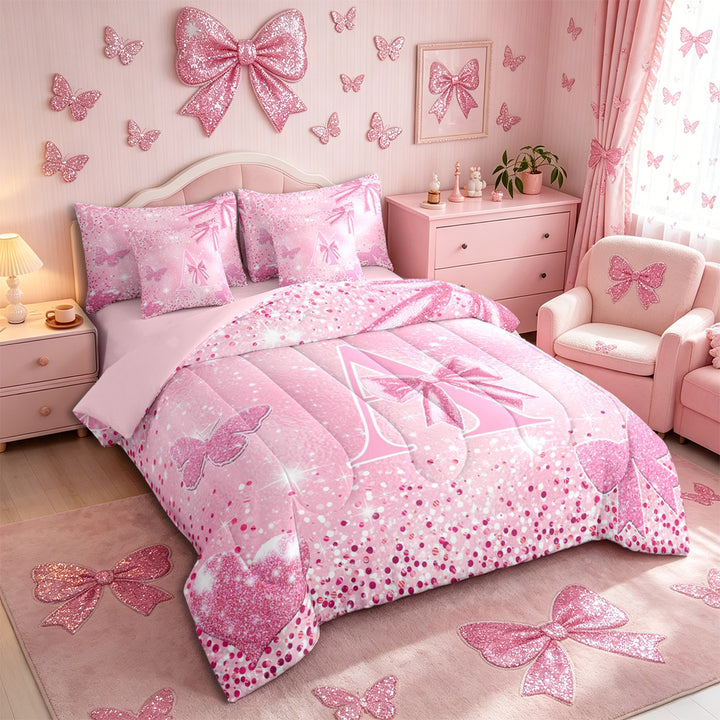 Meiyoeat Glitter Pink Letter A Full Size Bedding Sets 7 Pieces for Girls, Sparkle Bow Print Full Size Bed in a Bag for Bedroom,Pink Reversible