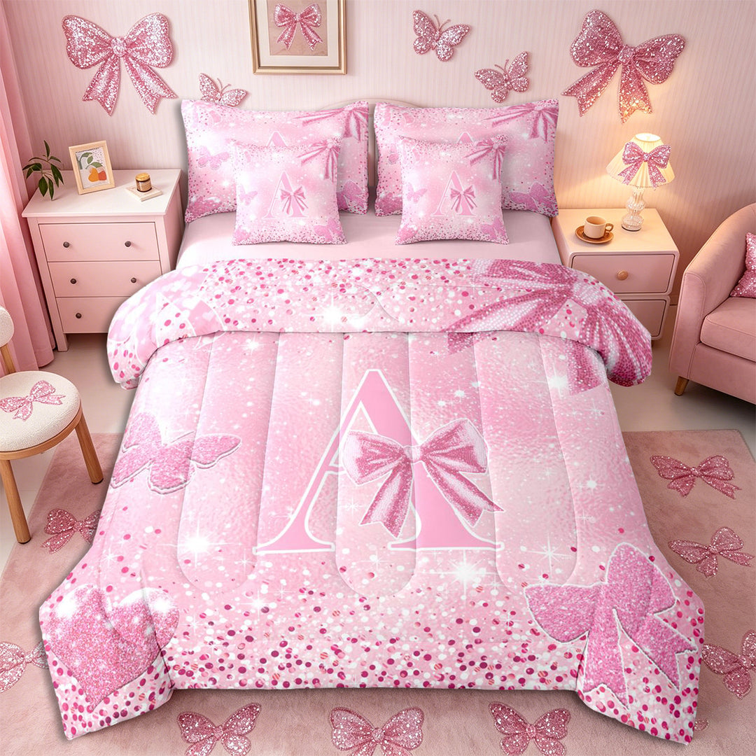 Meiyoeat Glitter Pink Letter A Full Size Bedding Sets 7 Pieces for Girls, Sparkle Bow Print Full Size Bed in a Bag for Bedroom,Pink Reversible