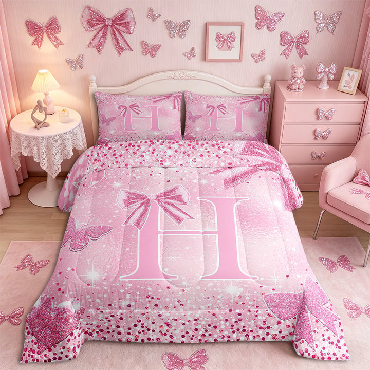 Meiyoeat Bow Letter H Full Size Comforter Sets 3-Piece for Teens, Sparkle Glitter Butterfly Print Bedding Comforter Set,Pink Reversible