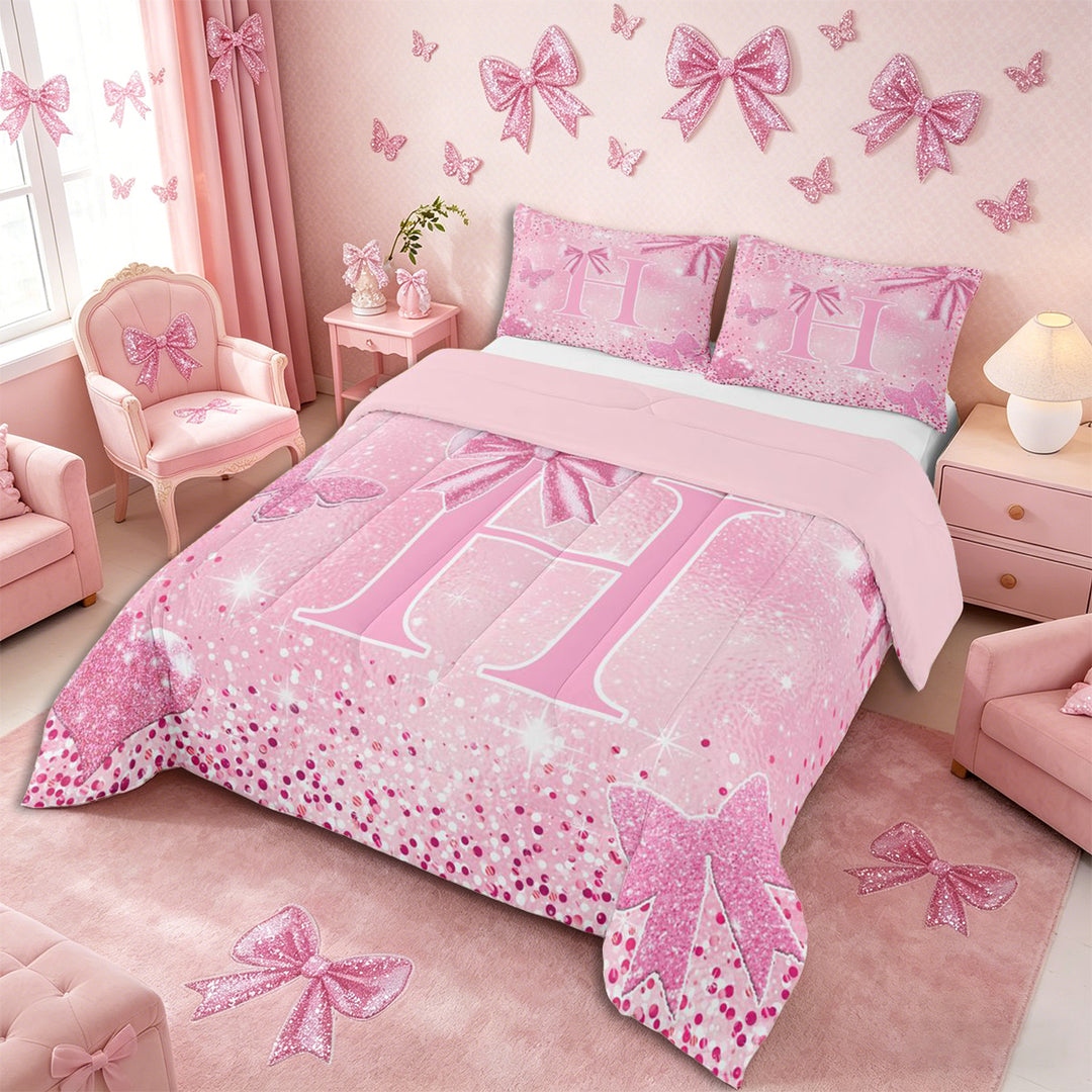 Meiyoeat Bow Letter H Full Size Comforter Sets 3-Piece for Teens, Sparkle Glitter Butterfly Print Bedding Comforter Set,Pink Reversible