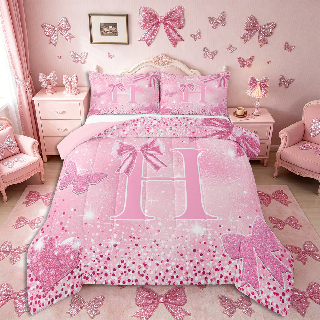 Meiyoeat Bow Letter H Full Size Comforter Sets 3-Piece for Teens, Sparkle Glitter Butterfly Print Bedding Comforter Set,Pink Reversible