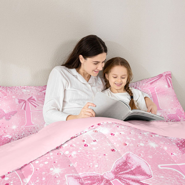 Meiyoeat Bow Letter H Full Size Comforter Sets 3-Piece for Teens, Sparkle Glitter Butterfly Print Bedding Comforter Set,Pink Reversible