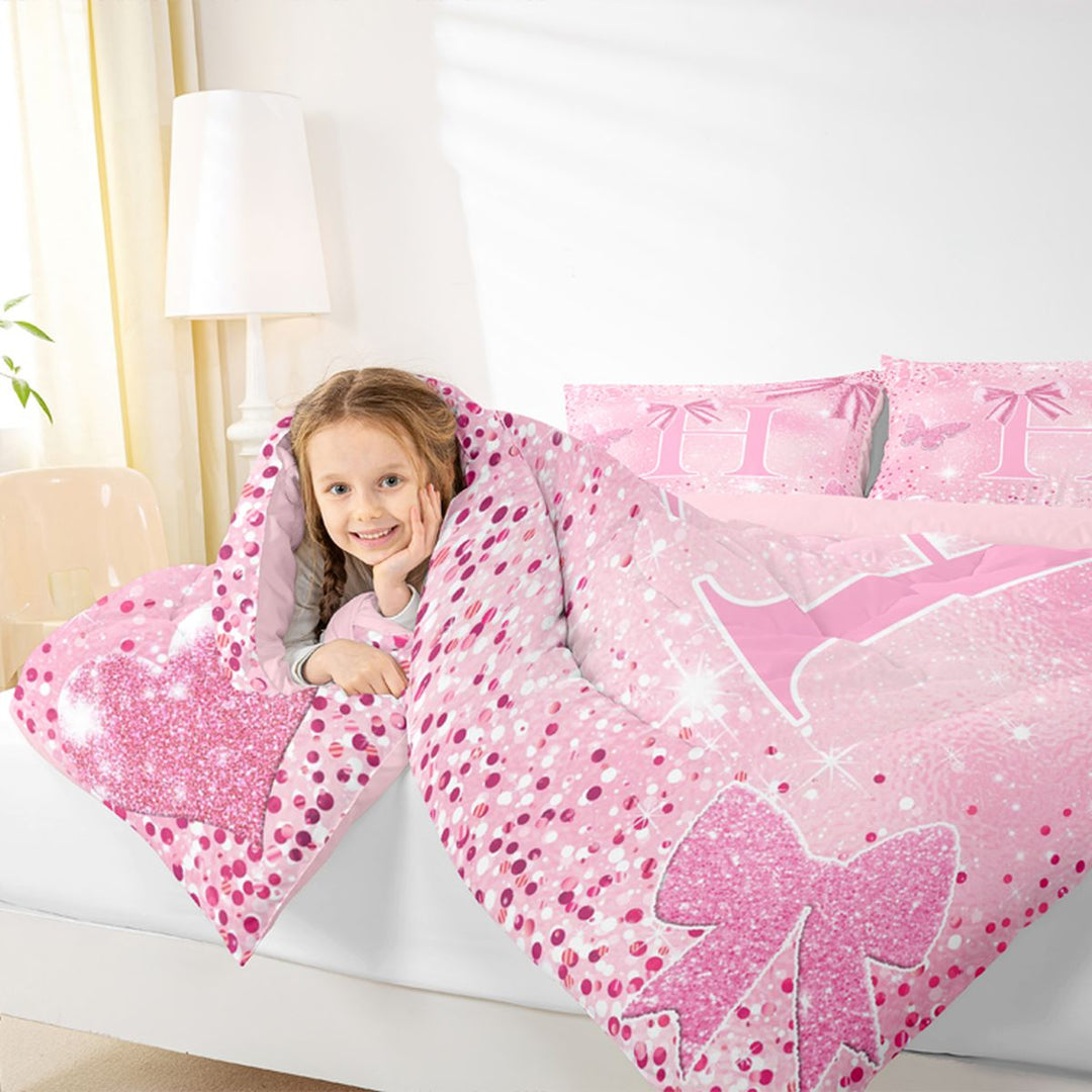 Meiyoeat Bow Letter H Full Size Comforter Sets 3-Piece for Teens, Sparkle Glitter Butterfly Print Bedding Comforter Set,Pink Reversible