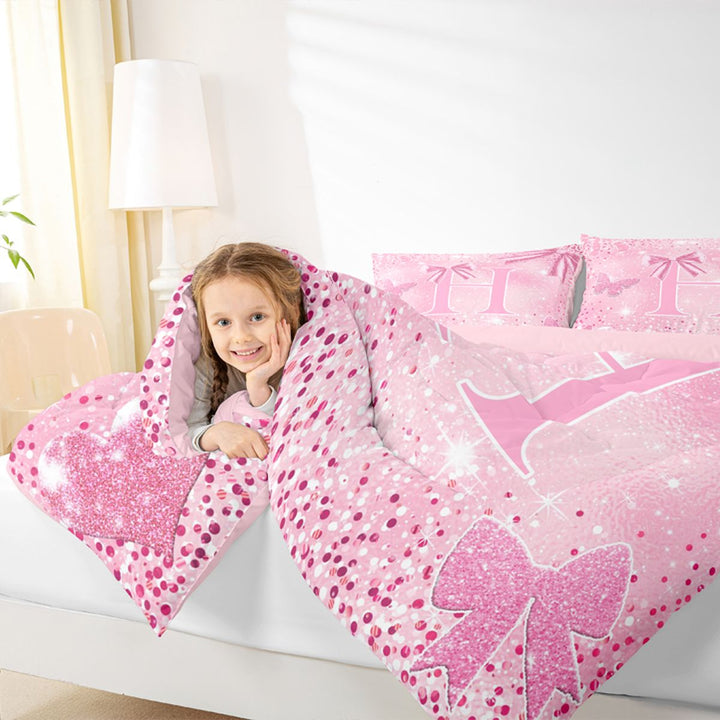 Meiyoeat Bow Letter H Full Size Comforter Sets 3-Piece for Teens, Sparkle Glitter Butterfly Print Bedding Comforter Set,Pink Reversible