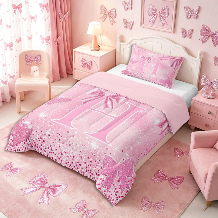 Meiyoeat Bow Letter H Full Size Comforter Sets 3-Piece for Teens, Sparkle Glitter Butterfly Print Bedding Comforter Set,Pink Reversible